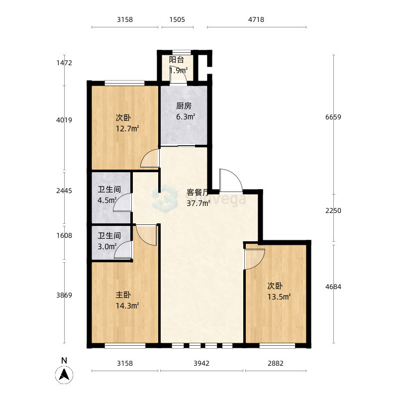 丽水豪庭3室2厅2卫1厨104.0㎡户型图