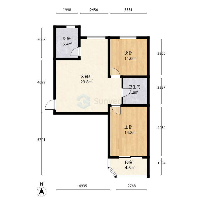 玉门河小区2室1厅1卫1厨77.0㎡户型图