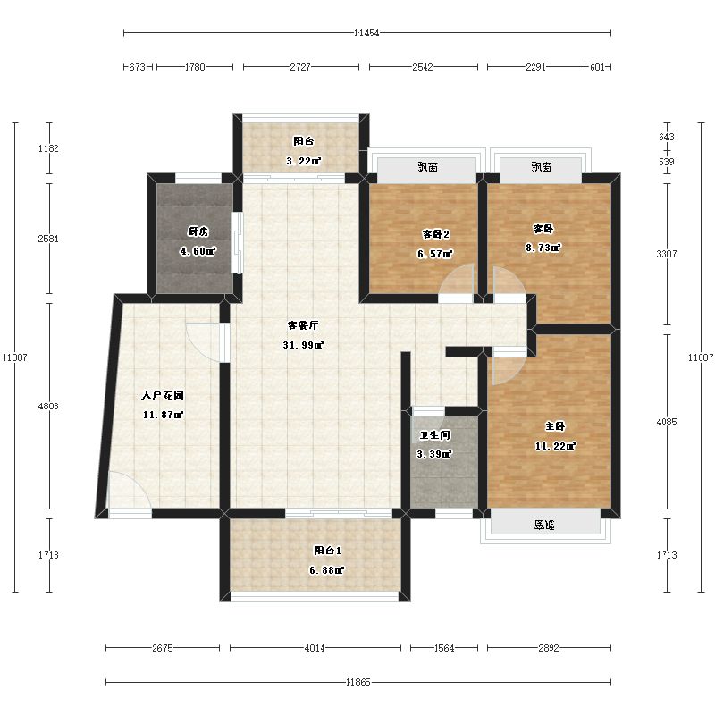 侨城水岸3室2厅2卫1厨126.00㎡户型图