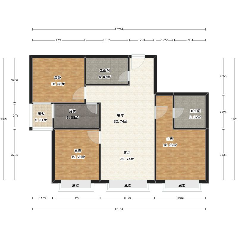 润泽公馆3室2厅2卫1厨116.00㎡户型图
